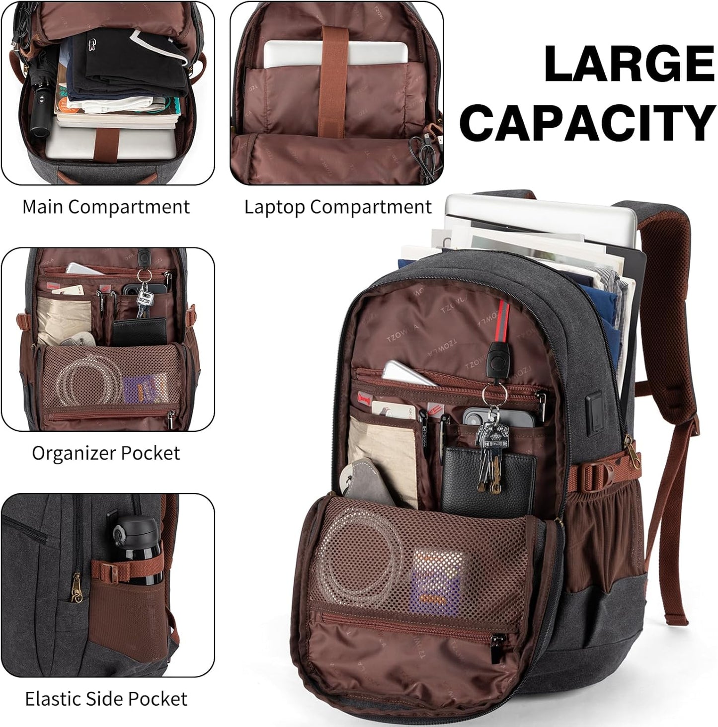 Tzowla Vintage Canvas Laptop Backpack for Men and Women,College Travel Work Rucksack with USB/Type-C Charging Port,Lightweight Bookbag Hiking Casual Daypack Backpacks Fit 15.6 Inch Notebook(Black)