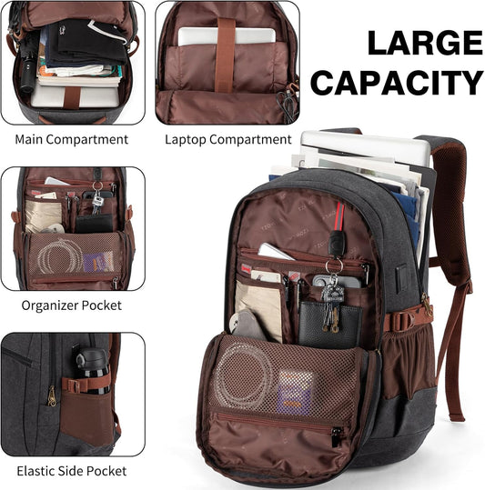 Tzowla Vintage Canvas Laptop Backpack for Men and Women,College Travel Work Rucksack with USB/Type-C Charging Port,Lightweight Bookbag Hiking Casual Daypack Backpacks Fit 15.6 Inch Notebook(Black)