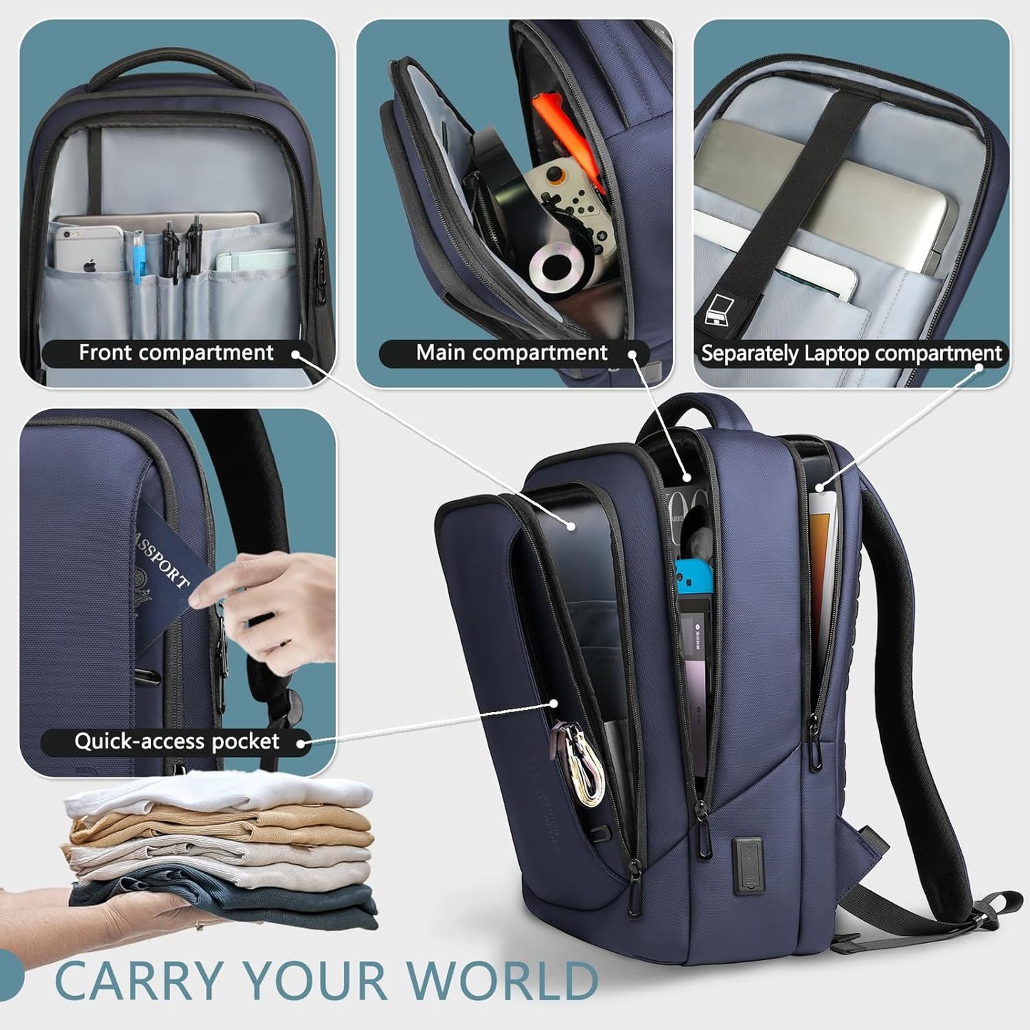 hk Laptop Backpack for Men with USB Charging Port Water-Resistant for 15.6 Inch Computer Bag Durable High-Tech Daypack Casual Backpack for Business Work College Weekender Travel- Blue