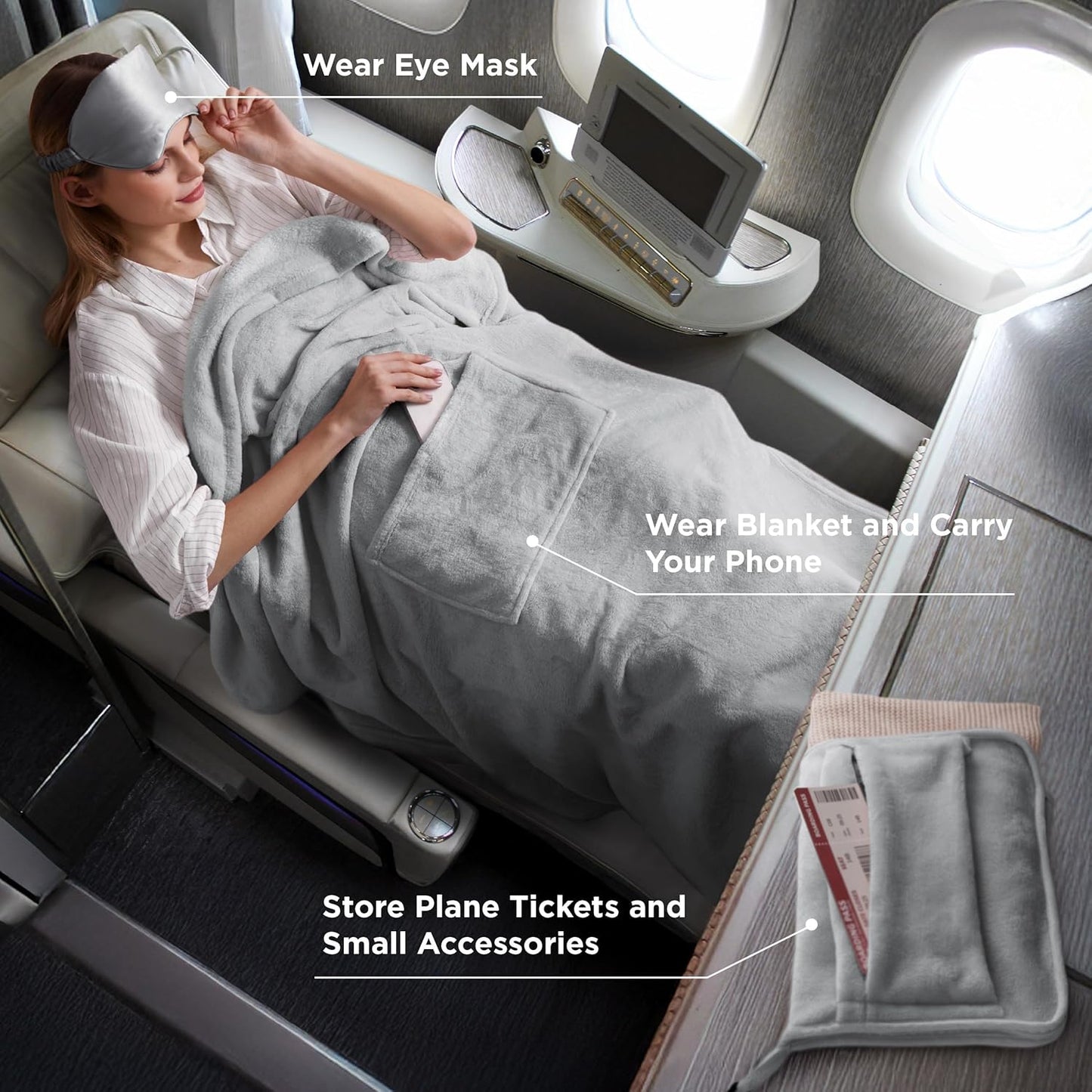 Bedsure Travel Blanket Airplane Compact with Storage Bag, Packable Blanket with Eye Mask, Lightweight 2-in-1 Travel Essentials, Functioned as Pillow for Airplane Comfort and Warmth, Grey