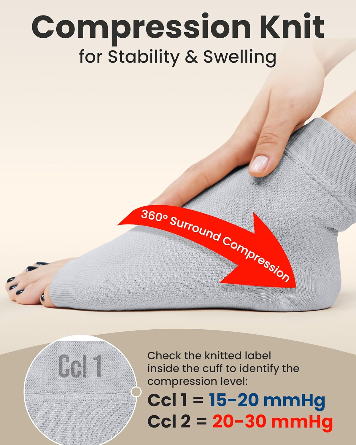 KEMFORD Ankle Compression Sleeve - Plantar Fasciitis Braces - Open Toe Compression Socks for Swelling, Sprain, Neuropathy, Foot Arch Support for Men and Women - 20-30mmhg, L, Grey