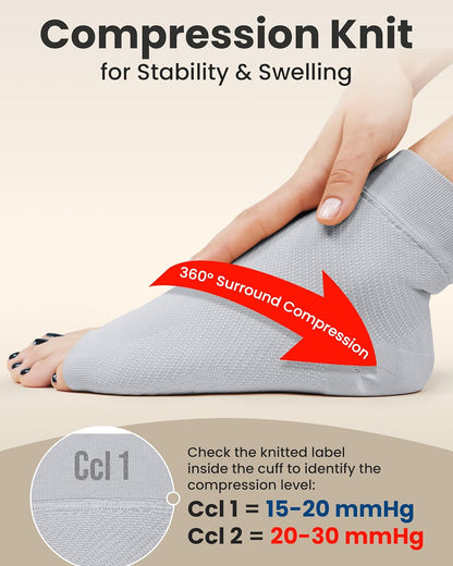 KEMFORD Ankle Compression Sleeve - Plantar Fasciitis Braces - Open Toe Compression Socks for Swelling, Sprain, Neuropathy, Foot Arch Support for Men and Women - 20-30mmhg, L, Grey