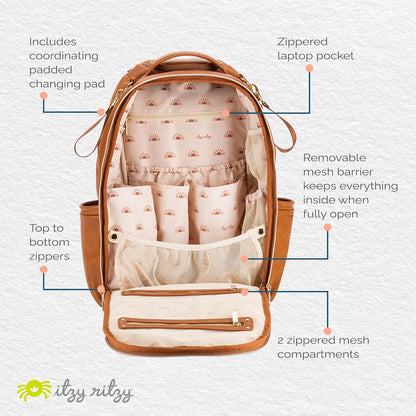 Itzy Ritzy Diaper Bag Backpack – Large Capacity Boss Plus Baby Backpack Diaper Bag Featuring 19 Pockets, Changing Pad, Stroller Clips, and Comfortable Straps (Cognac)