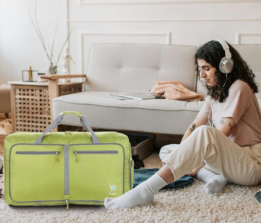 Bago Foldable Duffel Bags for Traveling Women & Men - 60L Medium Packable Duffle Bag for Travel with Shoe Compartment - Water Repellant, Heavy Duty, Lightweight Folding & Collapsible (Green)