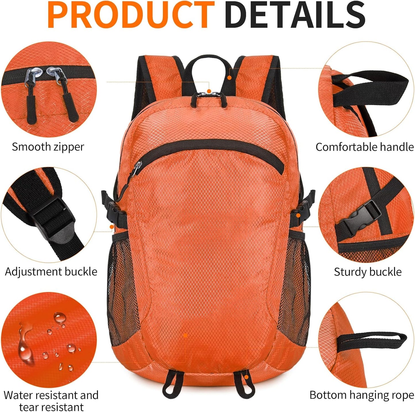 Small Hiking Daypack,15L Water-Resistant Hiking Backpack Packable Lightweight Travel Day Pack for Women Men (Orange, Small)