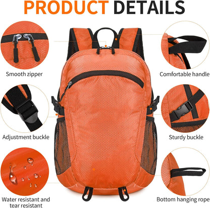 Small Hiking Daypack,15L Water-Resistant Hiking Backpack Packable Lightweight Travel Day Pack for Women Men (Orange, Small)