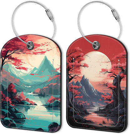 2 PCS Leather Luggage Tag for Suitcase Japanese Mountains Travel Suitcase Labels with Privacy Name ID Label and Stainless Steel Loop for Adults Teens Travel Bag Labels Set