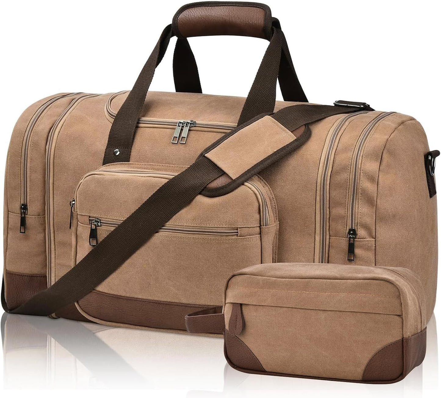 Litvyak Duffle Bag for Travel, 50L Canvas Travel Duffel Bags Overnight Weekend Gym Carry On Luggage Bag for Men & Women(Coffee+Toiletry Bag)
