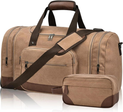 Litvyak Duffle Bag for Travel, 50L Canvas Travel Duffel Bags Overnight Weekend Gym Carry On Luggage Bag for Men & Women(Coffee+Toiletry Bag)