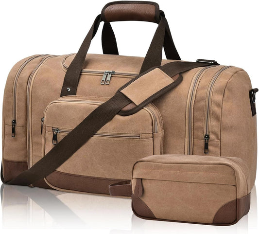 Litvyak Duffle Bag for Travel, 50L Canvas Travel Duffel Bags Overnight Weekend Gym Carry On Luggage Bag for Men & Women(Coffee+Toiletry Bag)