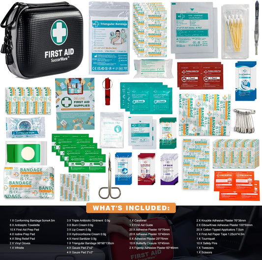 150 Pieces Mini First Aid Kit - Small Medical Kit with Hard Shell - Emergency First Aid Kit for Car, Travel, Home, Outdoor, Office, Camping, Hiking (Black)