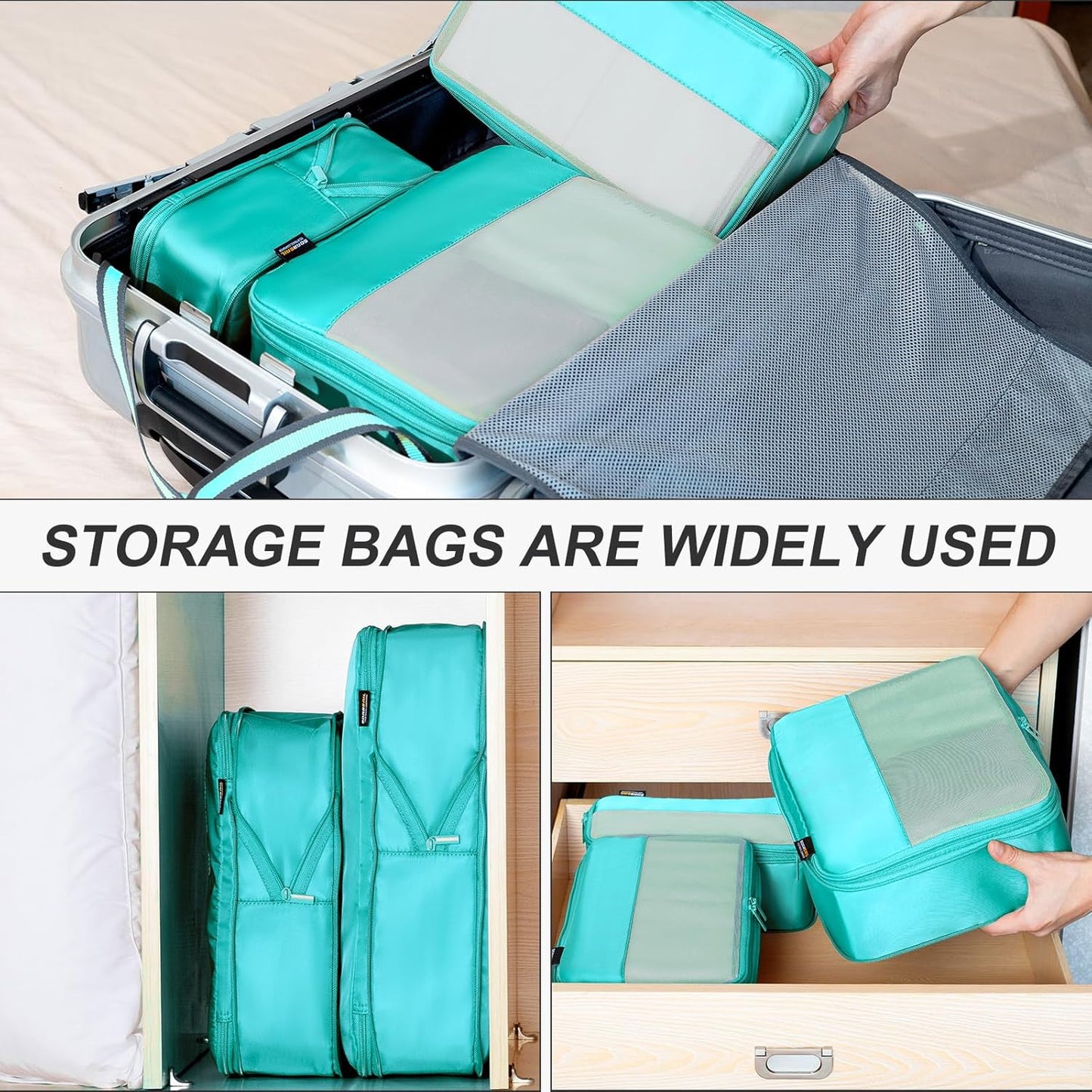 6 Set Compression Packing Cubes for Travel Essentials, Luggage Organizers for Suitcases (Teal)