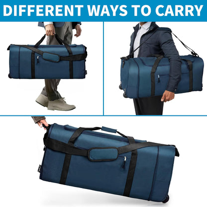 Finnhomy 100L Foldable Rolling Duffel Bag with 2 Wheels, Light Weight Travel Duffel bag with Large Loading Capacity, 32 inch Rolling Duffel bag with Shoulder Strap for Travel Camping Sports, Dark Blue