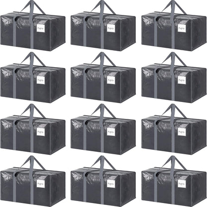12 Pack Extra Heavy Duty Large Moving Bags with Strong Zipper & Comfortable Handles, Sturdy & Durable Clothes Storage Bags Totes Bins, Packing Moving Boxes for College Supplies, Gray
