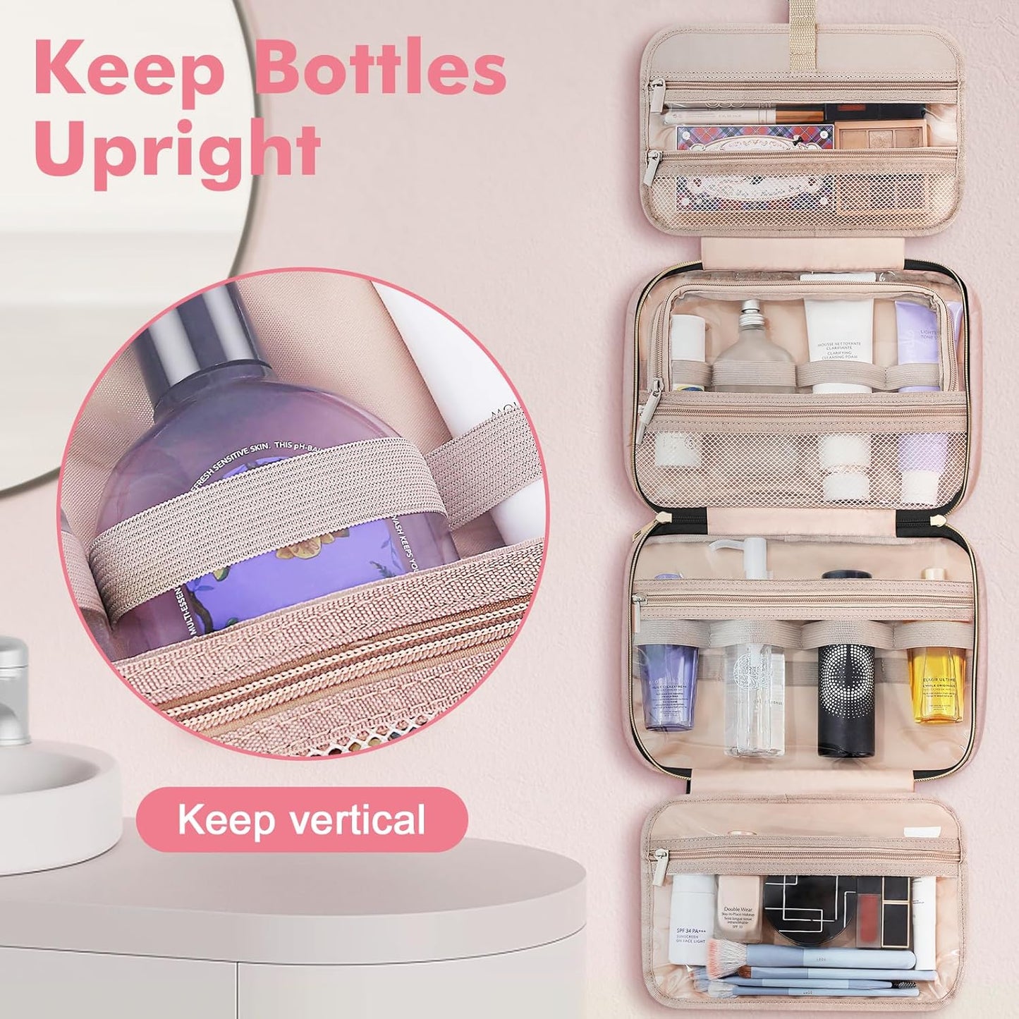 Wedama Toiletry Bag for Women, Medium Cosmetic Travel Bag, Hanging Toiletry Bag for Bathroom, Thickened PVC Waterproof Makeup Bag, Toiletries Bag for Travel Business Trips and Camping, Baby Pink