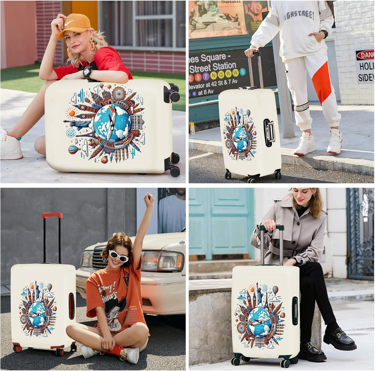 ANNA QUEEN Travel Around the World Luggage Cover, Colorful Landmark Suitcase Protector with Airplane & Globe Design, Stretchable, Washable Travel Sleeve for 28-30 Inch Luggage