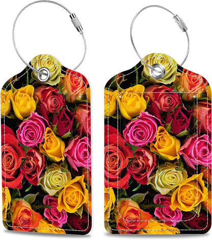Colorful Roses Luggage Tags 2PCS PU Leather Suitcases Tag with Stainless Steel Loop and Privacy Name Address Cover Label Card for Women Men Travel