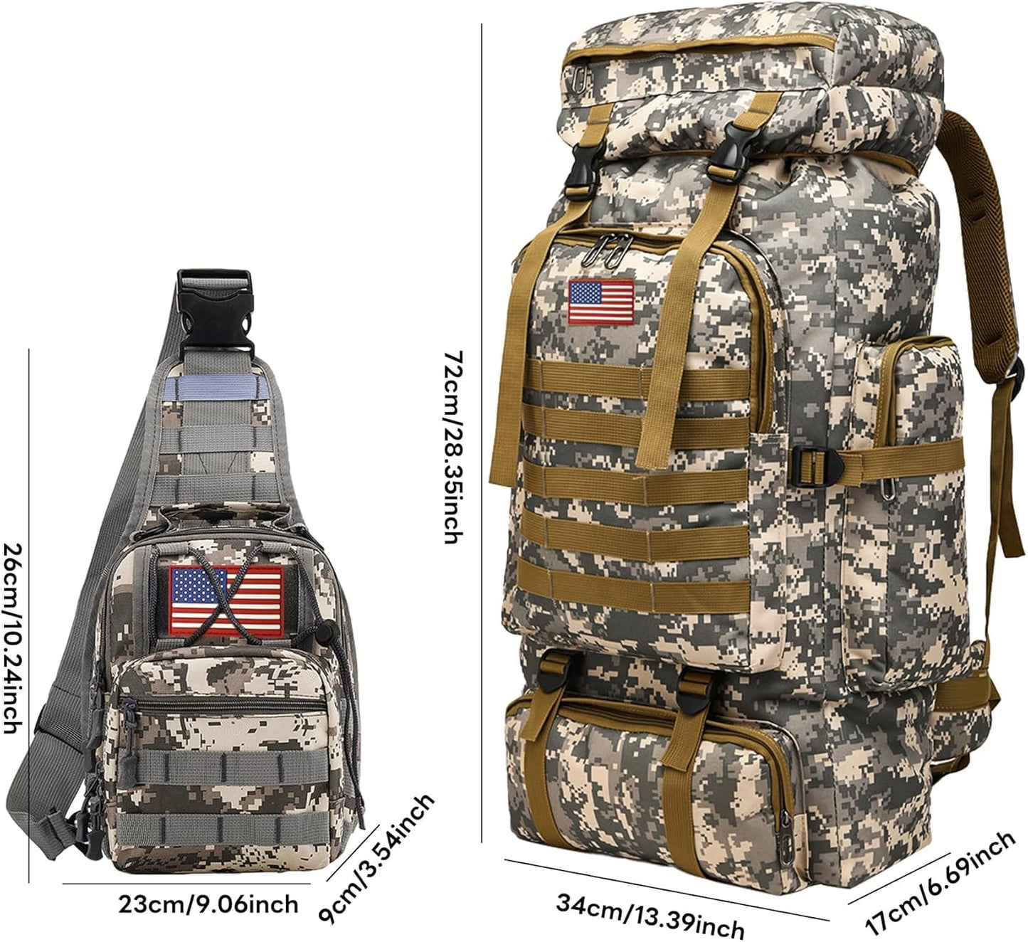 80L 2Pcs Hiking Backpack for Men with Sling Tactical Backpack - Rucksack Molle Military Tactical Waterproof Lightweight Camping Backpack 3 Day Assault Pack for Travel, Climbing, Backpacking