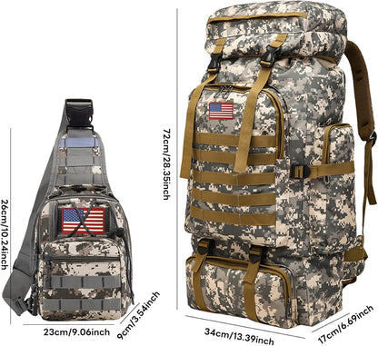 80L 2Pcs Hiking Backpack for Men with Sling Tactical Backpack - Rucksack Molle Military Tactical Waterproof Lightweight Camping Backpack 3 Day Assault Pack for Travel, Climbing, Backpacking