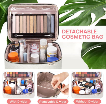 Large Makeup Bag with Mirror Double Layer Travel Make Up Organizer Case, Large Capacity Coemetic with Brush Slot Divider, Travel Toiletry Bag for Women - White/Beige
