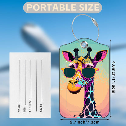 2 Pcs Giraffe in Sunglasses Luggage Tags for Suitcases PU Leather Baggage Tags Name ID Label with Privacy Cover and Stainless Steel Loop for Men Women Travel Bag Suitcase