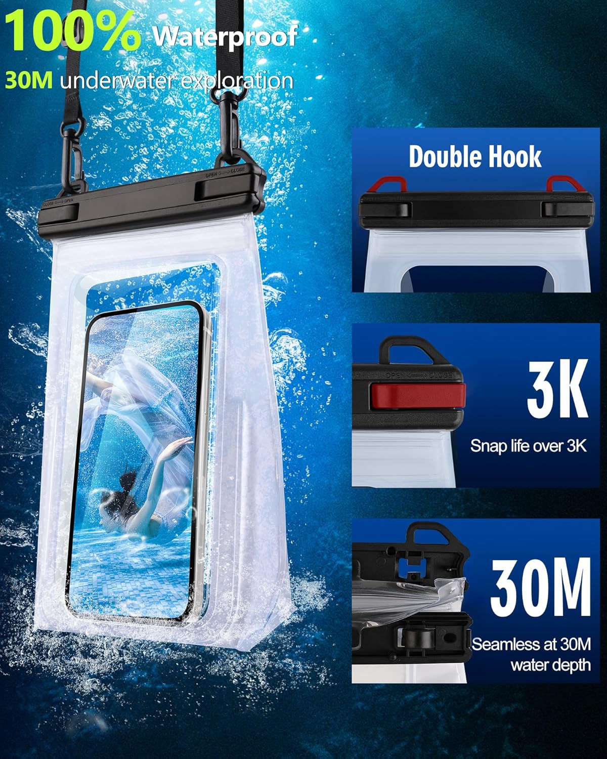 IPX8 Waterproof Phone Pouch Floating, [Expandable Space] Waterproof Bag, Cell Phone Dry Bag with Adjustable Lanyard for iPhone Samsung Google Up to 7.0" White