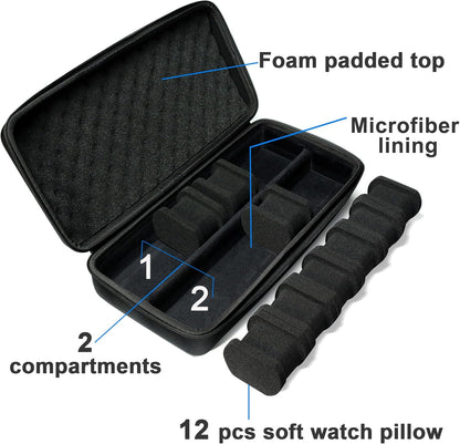 12 slots Watch Case, hard watch travel case, storage box, padded case for watch display and organization