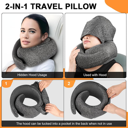 Travel Pillow - Hooded Neck Pillow Airplane Memory Foam Filling for Plane, Office, Cars Sleeping, Road Trip, Long Flights, Portable Plane Accessories, Includes Eye Mask & Earplugs (Dark Gray)