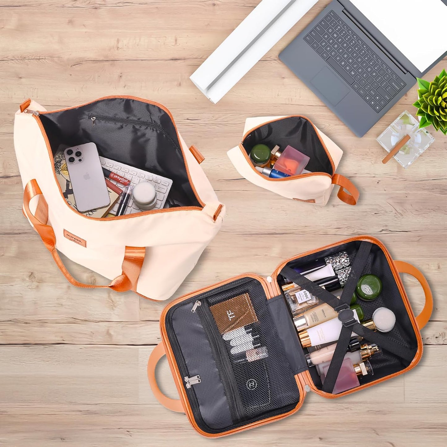 Hoteel 6 Piece Luggage Set (4-YEAR WARRANTY) with Spinner Wheels & TSA Lock, Carry on Luggage Hardshell ABS+PC, Travel Collection Suitcases Sets, Beige(13/20/24/28",Travel Bag,Cosmetic Bag)