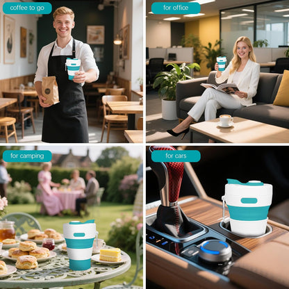 Silicone Collapsible Travel Mug Green 15oz / 450ml - Leak-Proof Reusable Silicone Water Bottle for Hot and Cold Beverages - Travel Office and Home - Dishwasher Safe - Straw Included