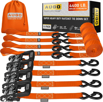AUGO Heavy Duty Ratchet Straps & Soft Loops – Pack of 4 Extra Strong 1.5” by 10’ Ratchet Straps w/S-Hook Safety Latches & 4 Soft Loop Tie Downs – 4400Lb Break Strength for Motorcycles, ATVs, Etc.