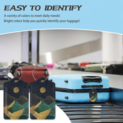 3 Pack Luggage Tag for Suitcase,Green Gold Abstract Mountains Moon Leather Luggage Tags with Privacy Cover Name ID Label Identifiers Travel Bag Tags for Women Men Boys Girls