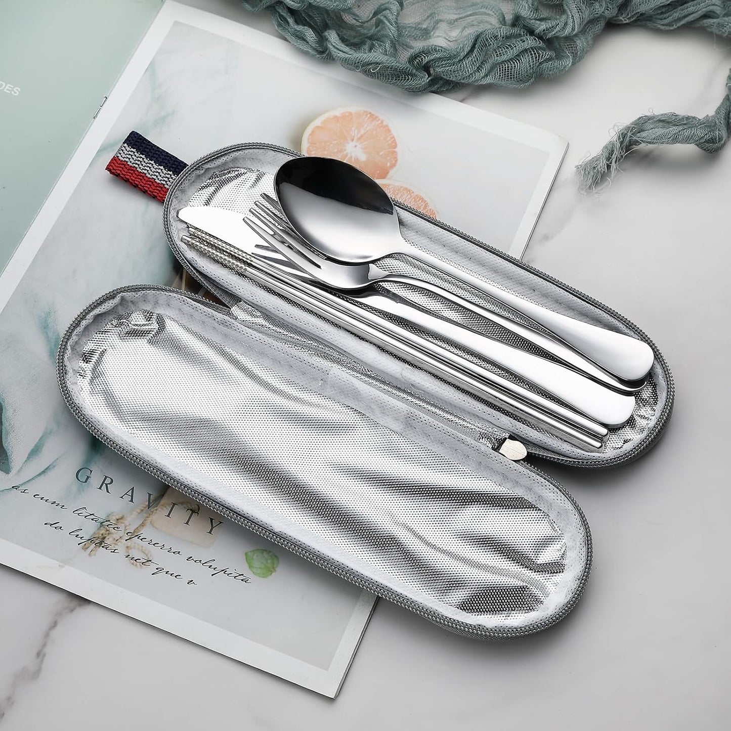 DEVICO Camping Utensils, Portable Travel Utensils with Case, Stainless Steel Reusable Silverware for Lunch Adult, 5Pcs Cutlery Set Includes Knife Spoon Fork Chopsticks and Case (Silver)