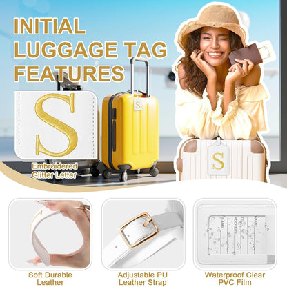 Personalized Initial Luggage Tags for Suitcase TSA Approved, White Leather Cute Luggage Tag with Privacy Cover Name Card, Embroidered Custom Luggage Tags Travel Baggage Tags Gifts for Women Kids(S)