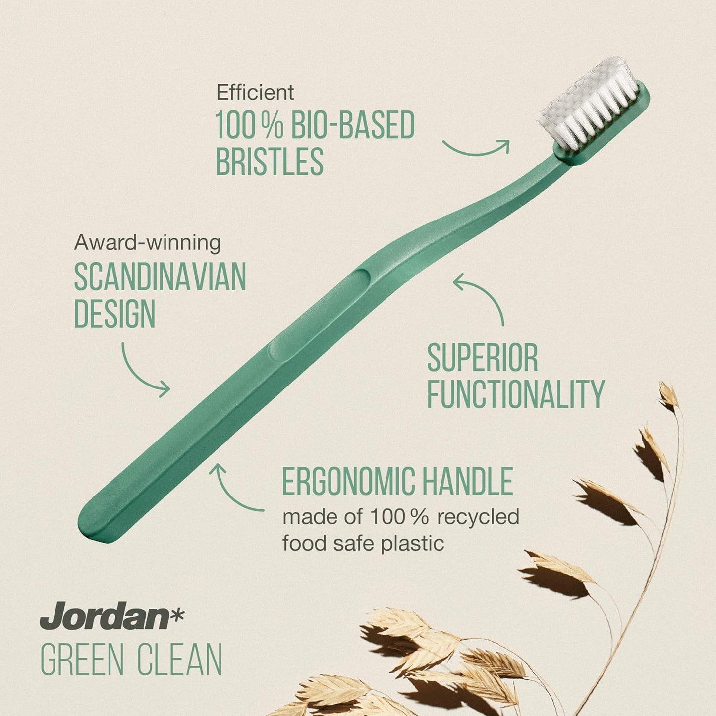 Jordan Green Clean Manual Toothbrush - Sustainable, Scandinavian Design, Soft Bristles, Mixed Colors, 4 Units