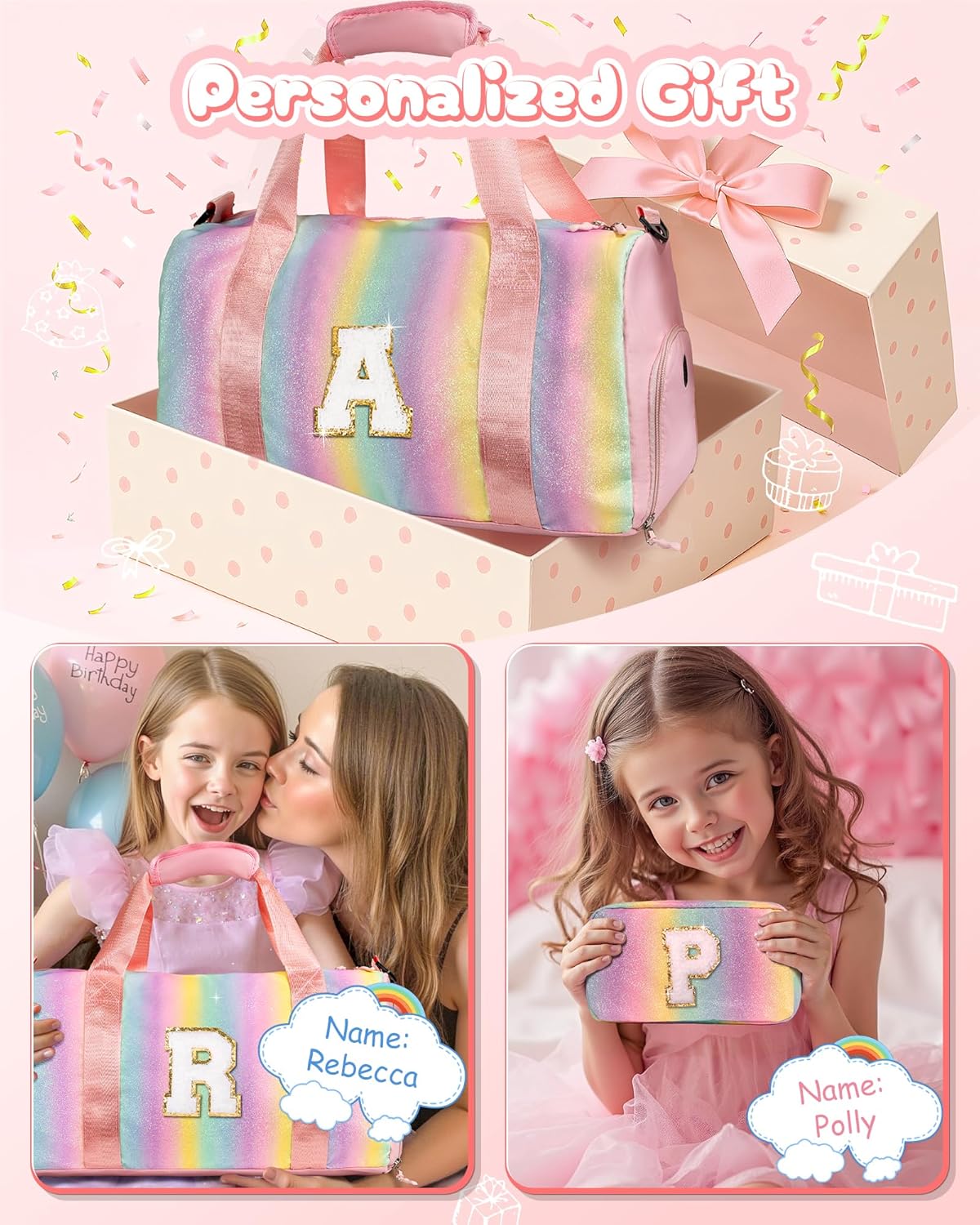 Easter Gifts for Teens Girls-Girl Gym Bag with Shoe Compartment, Kid Personalized Weekender Overnight Bags, Initial Travel Tote with Makeup Pouch, Gift for 3 4 5 6 7 Year Old Kids (Letter T)