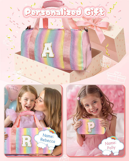 Birthday Gifts for 3 4 5 6 7 8 9 10 11 12 Year Old Girls-Girl Gym Bag with Shoe Compartment, Kid Personalized Weekender Overnight Bags, Initial Travel Tote with Makeup Pouch (Letter B)