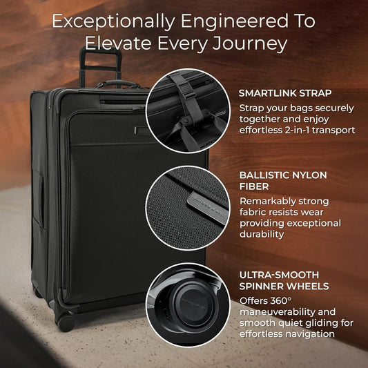 Briggs & Riley 31" Extra Large Expandable Spinner - Checked Luggage for Travel, Suitcases with Wheels, Softside Rolling Bag for Men & Women, Self-Repairing Zipper - Baseline Collection, Black