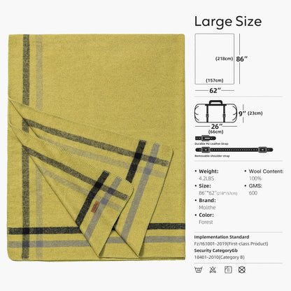 100% Wool Blanket, 62" x 86", Warm, Thick, Washable, Military Wool Blanket, Great for Camping, Outdoors, Sporting Events, Survival Kits