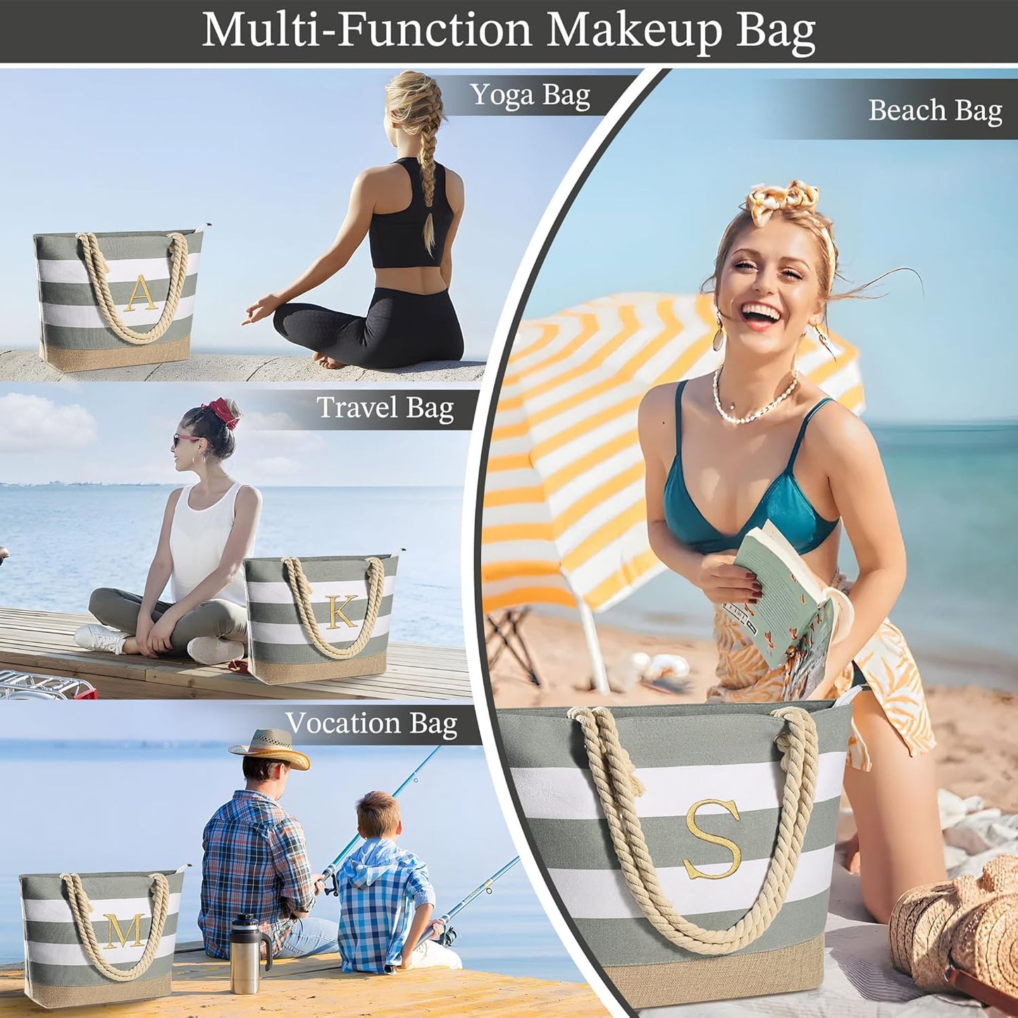 YOOLIFE Initial Canvas Waterproof Beach Tote Bag Zipper Personalized Gifts for Women Her Birthday Travel Beach Essential