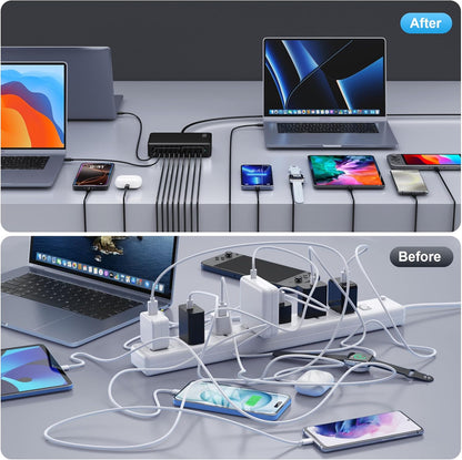 730W USB C Charger Block,10-Ports GaN V Fast Charging Station Hub,QC4.0+3 PD 100W Laptop Charger Wall Power Adapter for MacBook Pro/Air,DELL,iPhone 17/16/15/14,iPad,Galaxy S25,Pixel,Steam Desk-Black