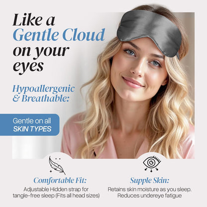 Silk Sleep Mask - Luxurious 100% Pure Mulberry Silk Eye Mask for Restful Sleep and Travel, Hypoallergenic, Cooling, Total Blackout, Adjustable for Women & Men (Charcoal Grey)