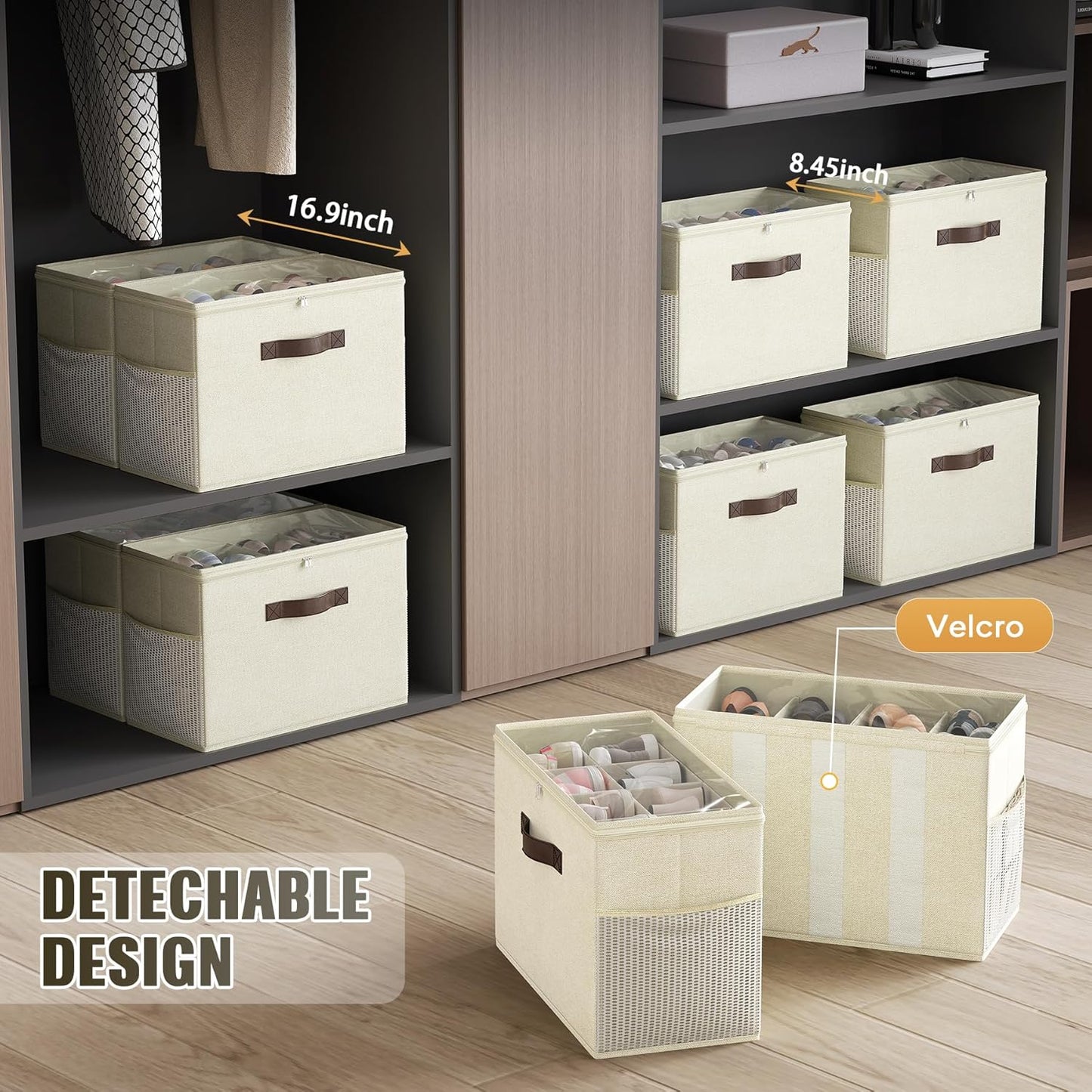 Budding Joy 2 Pack Shoe Organizer for Closet, Clear Foldable Shoe Storage Containers Adjustable Dividers Fits 16 Pairs,Shoe Storage Bins Baskets Boxes with Reinforced Handles Beige Yellow