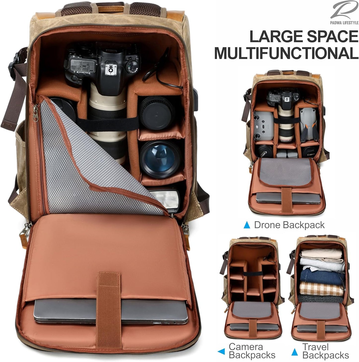 Padwa Lifestyle Khaki Camera Backpack - Weather Resistant Waxed Memory Canvas Camera Backpacks for Photographers,Multi DSLR SLR Camera Bag with 16” Laptop & Lens Compartment and Tripod Holder