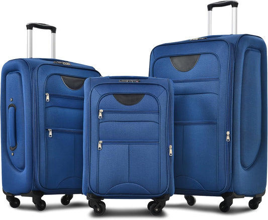 Merax Softside Luggage Set Softshell Lightweight 3 Piece Spinner Suitcase 22" 26" 30" Blue
