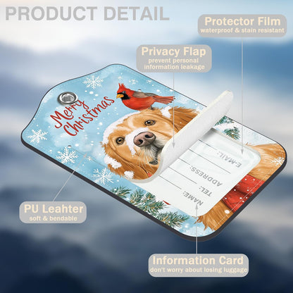 Set of 2 Christmas Dog and Red Cardinal Luggage Tags for Suitcases Leather Suitcase Tags Identifiers with Privacy Name Address Label and Stainless Steel Loop for Women Men Travel Luggage Accessories