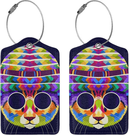 Artistic Cat with Glasses Leather Luggage Tags, 2 Pack, Multicolor, 4.6 X 2.7 Inch, Waterproof, Privacy Flap