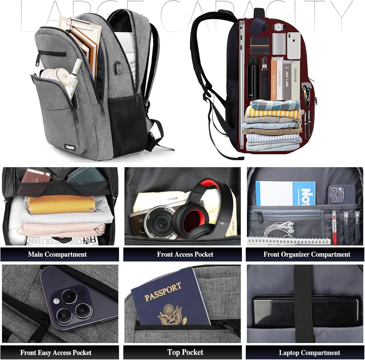 Backpack for Women Men, School Backpack for Boys Girls Teens, 17.3 Inch Laptop Backpack with USB Port, College Middle High School Bookbag, Water Resistent Business Mochila para hombre, Grey