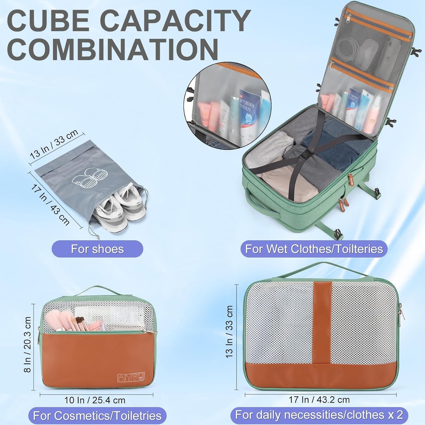 42L Travel Laptop Backpack, Expandable Carry-on Luggage, Anti-Theft Business Weekender Bag with USB Port, 3 Packing Cubes & Shoe Bag (Green)