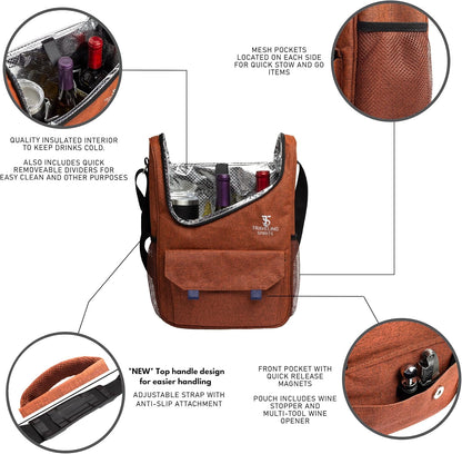 Insulated Wine Carrier | 2-3 Bottle Travel Bag With Stainless Steel Tumblers | Cooler Tote for Travel - Great Gift for Wine Lovers and Enthusiasts